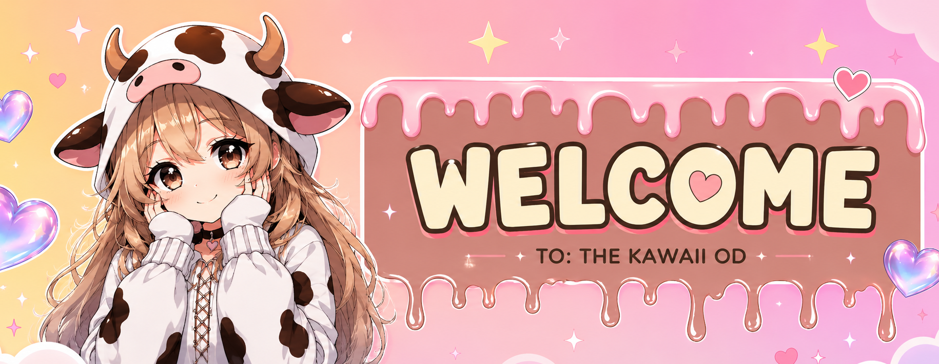 Cartoon character in a cow costume with 'Welcome to The Kawaii OD' text on a pink background
