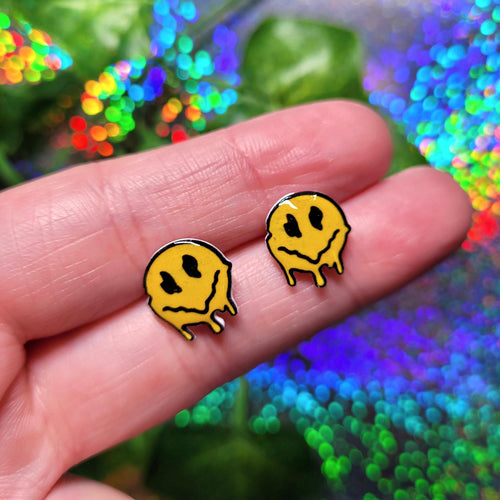 Melting Smiley Face Stud Earrings | Trippy 90s Retro Jewelry