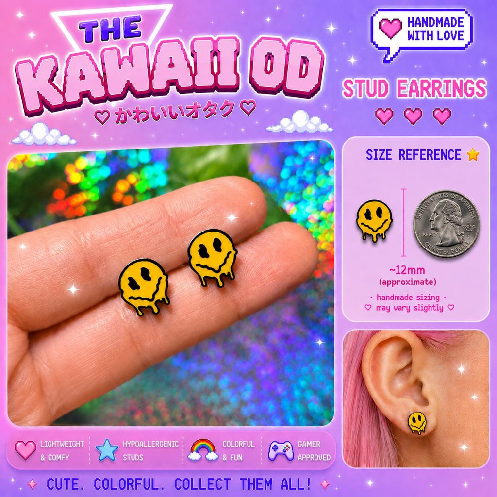 Melting Smiley Face Stud Earrings | Trippy 90s Retro Jewelry