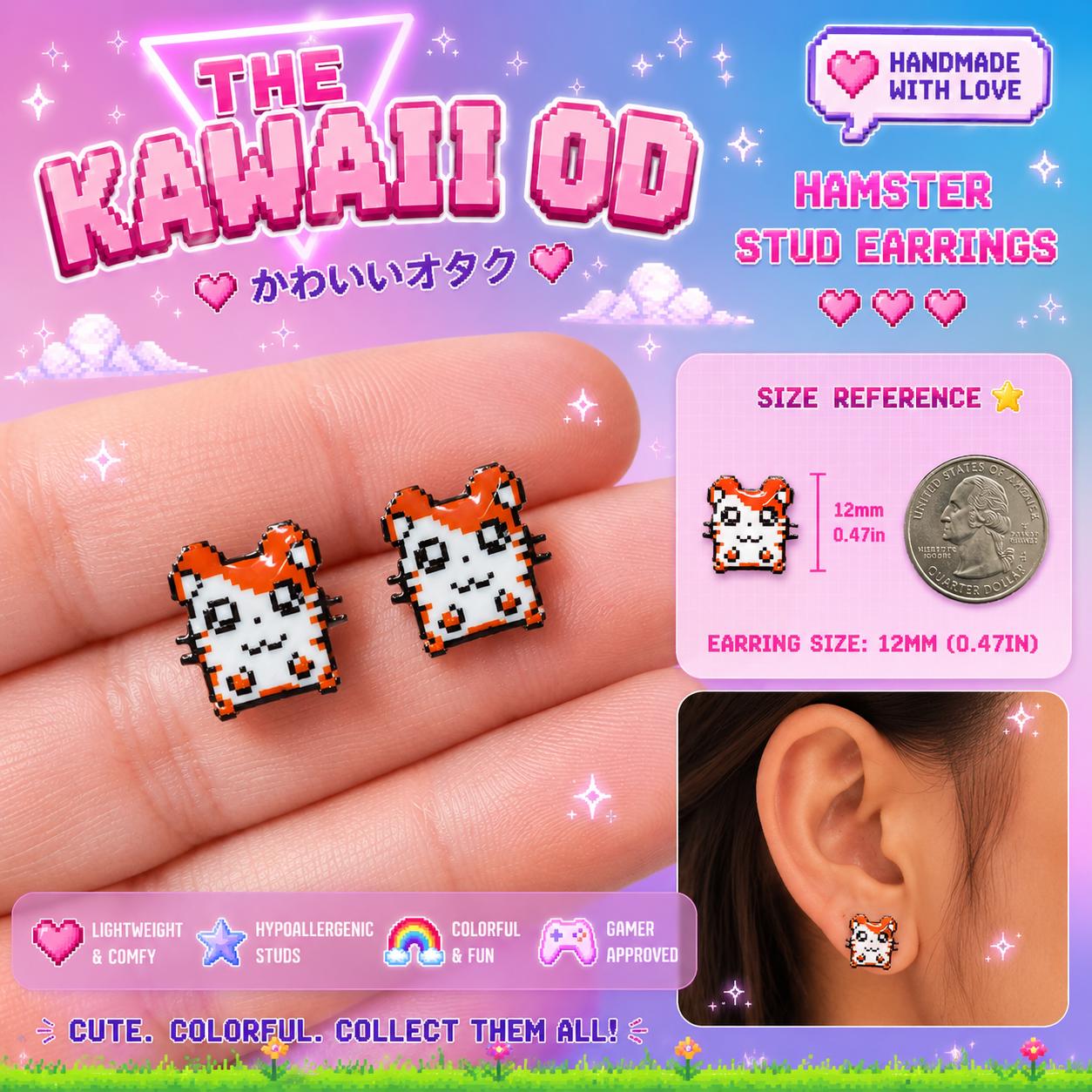 Pixel Art Hamtaro Stud Earrings | Kawaii Anime Jewelry