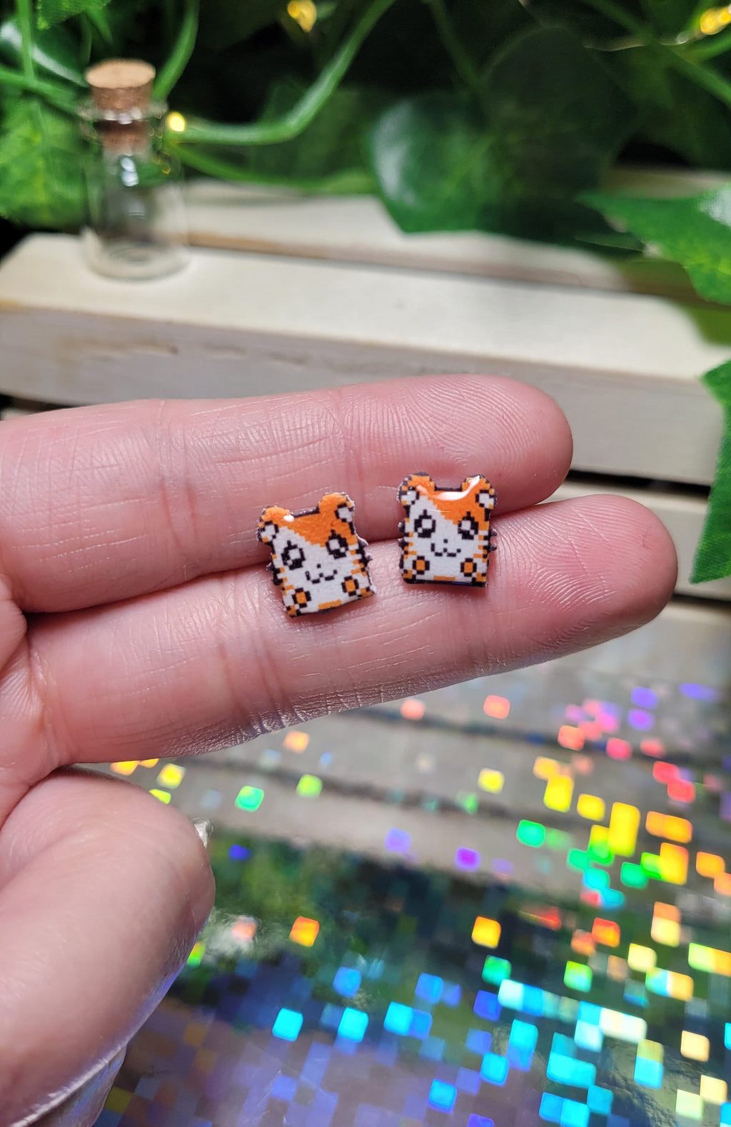 Pixel Art Hamtaro Stud Earrings | Kawaii Anime Jewelry